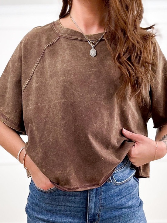 Zenana Outfitters Tops - Zenana Acid Washed Round Neck Crop Tee in mahogany  oversized size S/M NIB